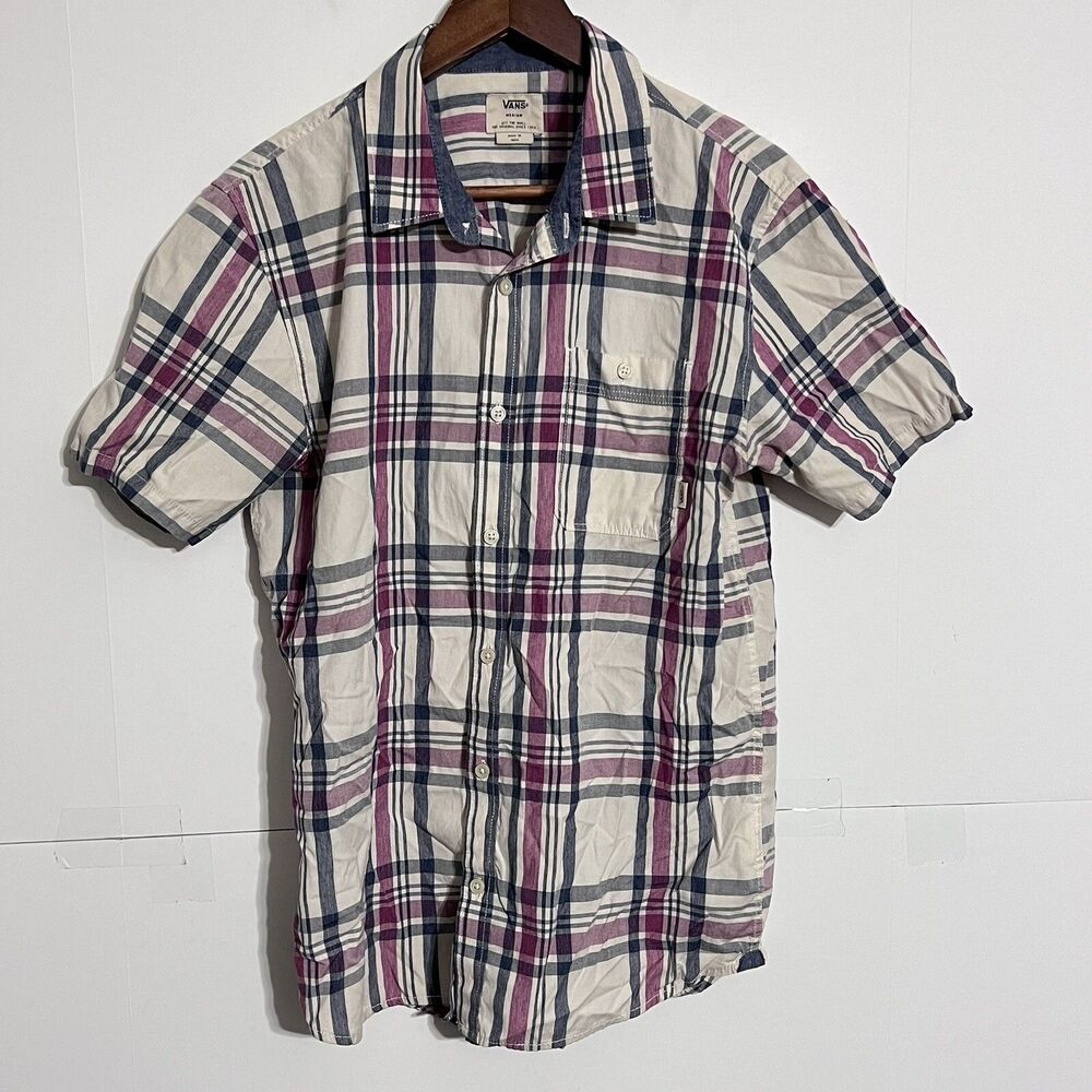 Vans Mens Shirt Size M Beige Red Plaid Short Sleeve Button Up Collared Pockets